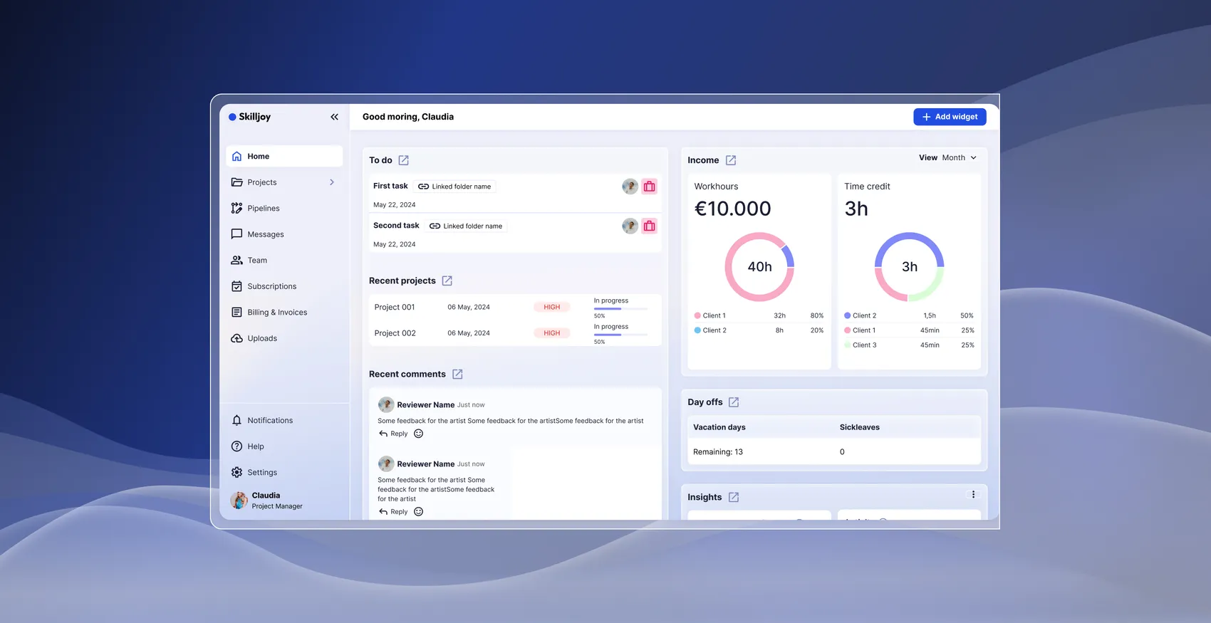The Skilljoy dashboard with to-dos, recent projects, income and comments