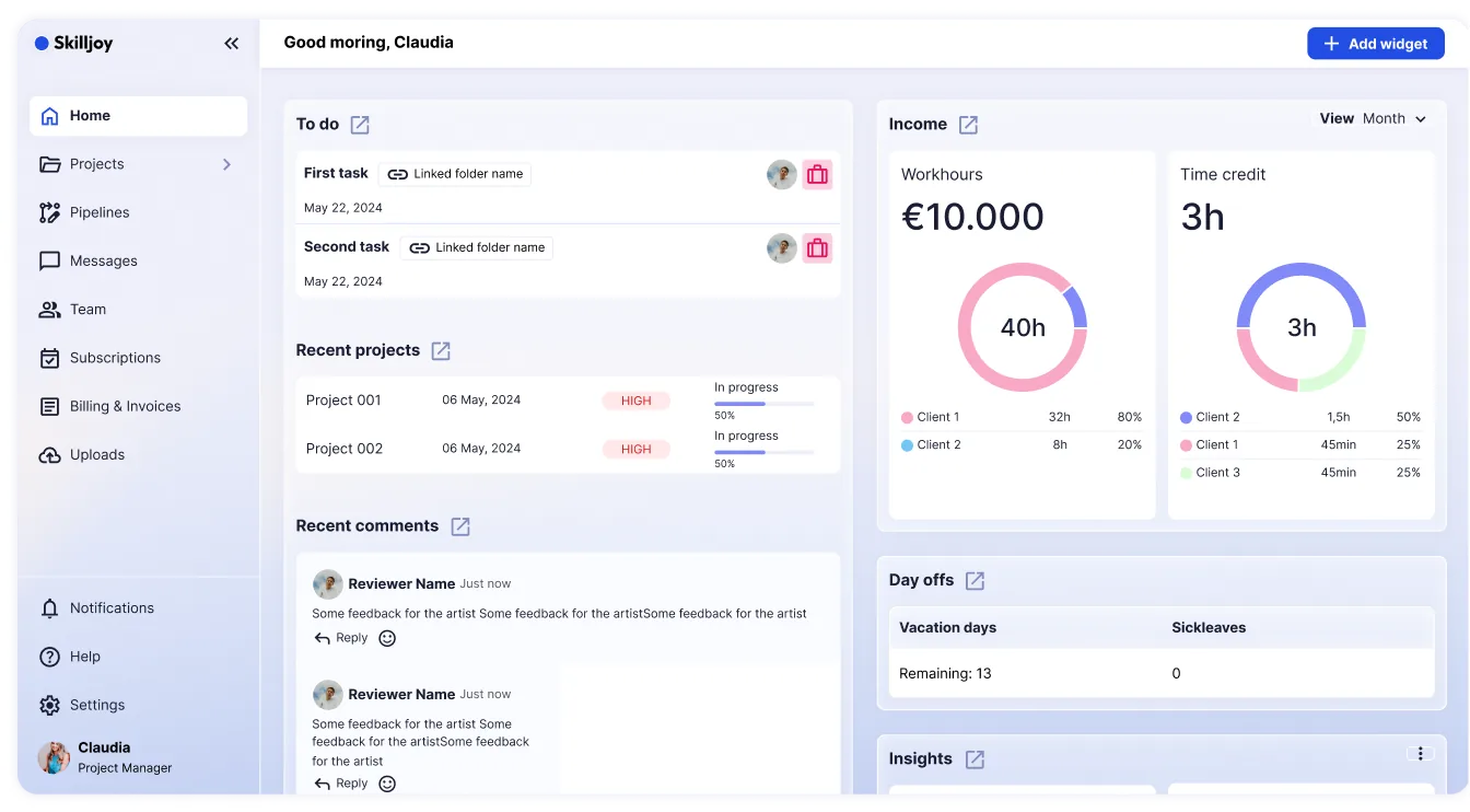 The Skilljoy dashboard: to-dos, recent projects, comments and hours in one place