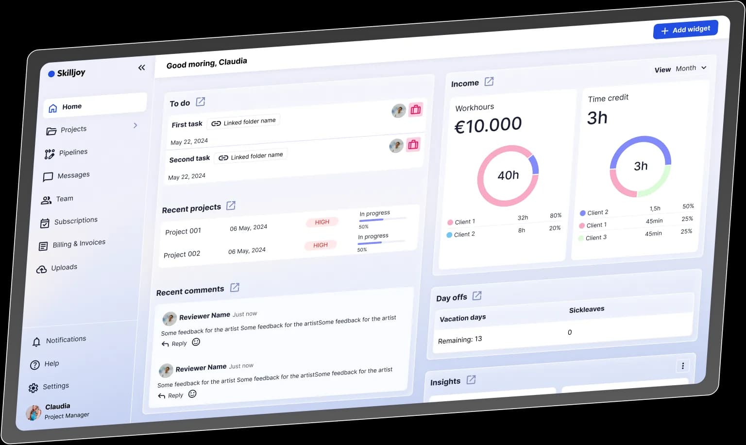 Skilljoy dashboard with tasks, projects, income and time tracking